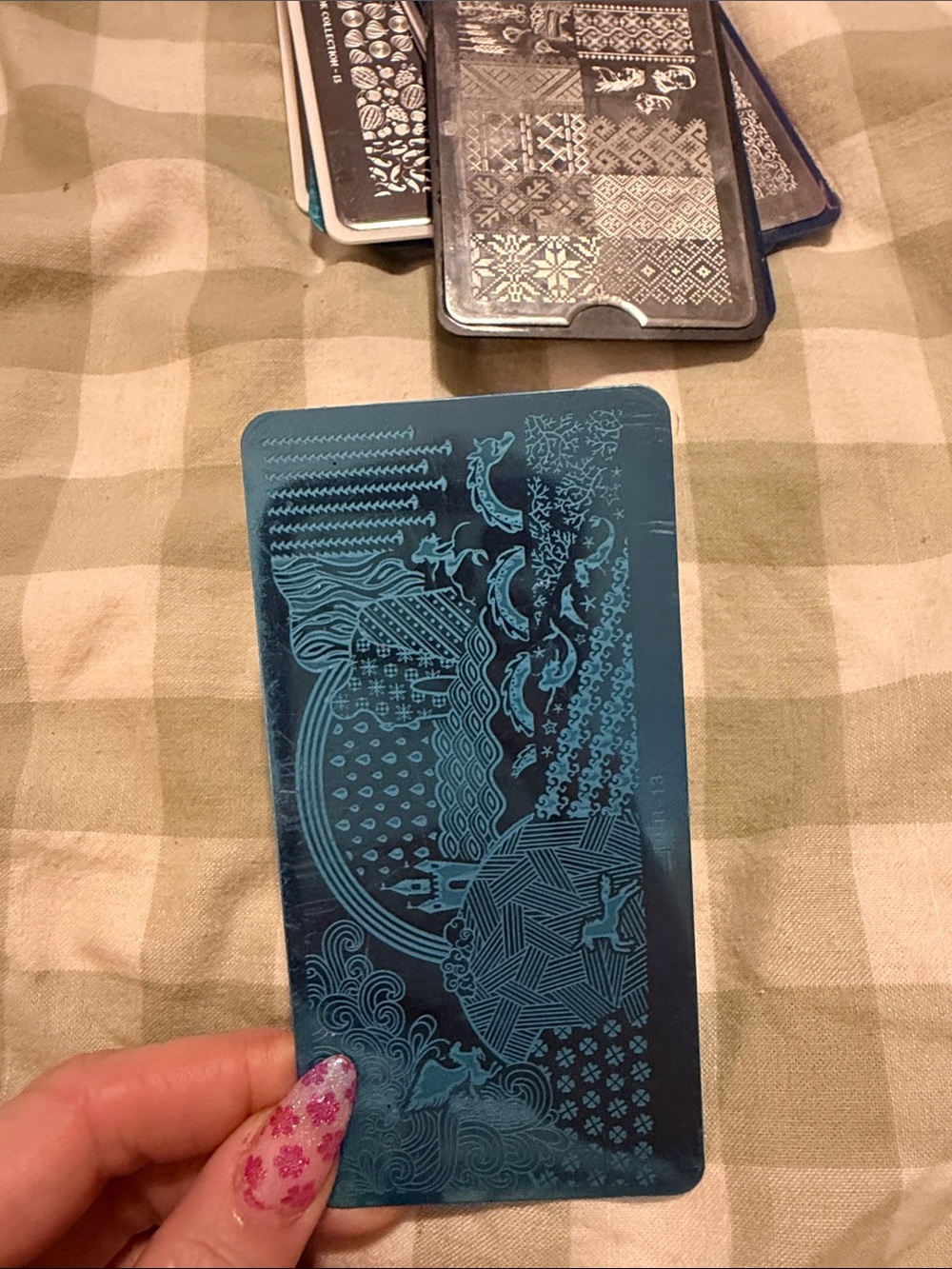 Blue Metallic Nail Art Stamping Plate - Etched Wave & Pattern Designs